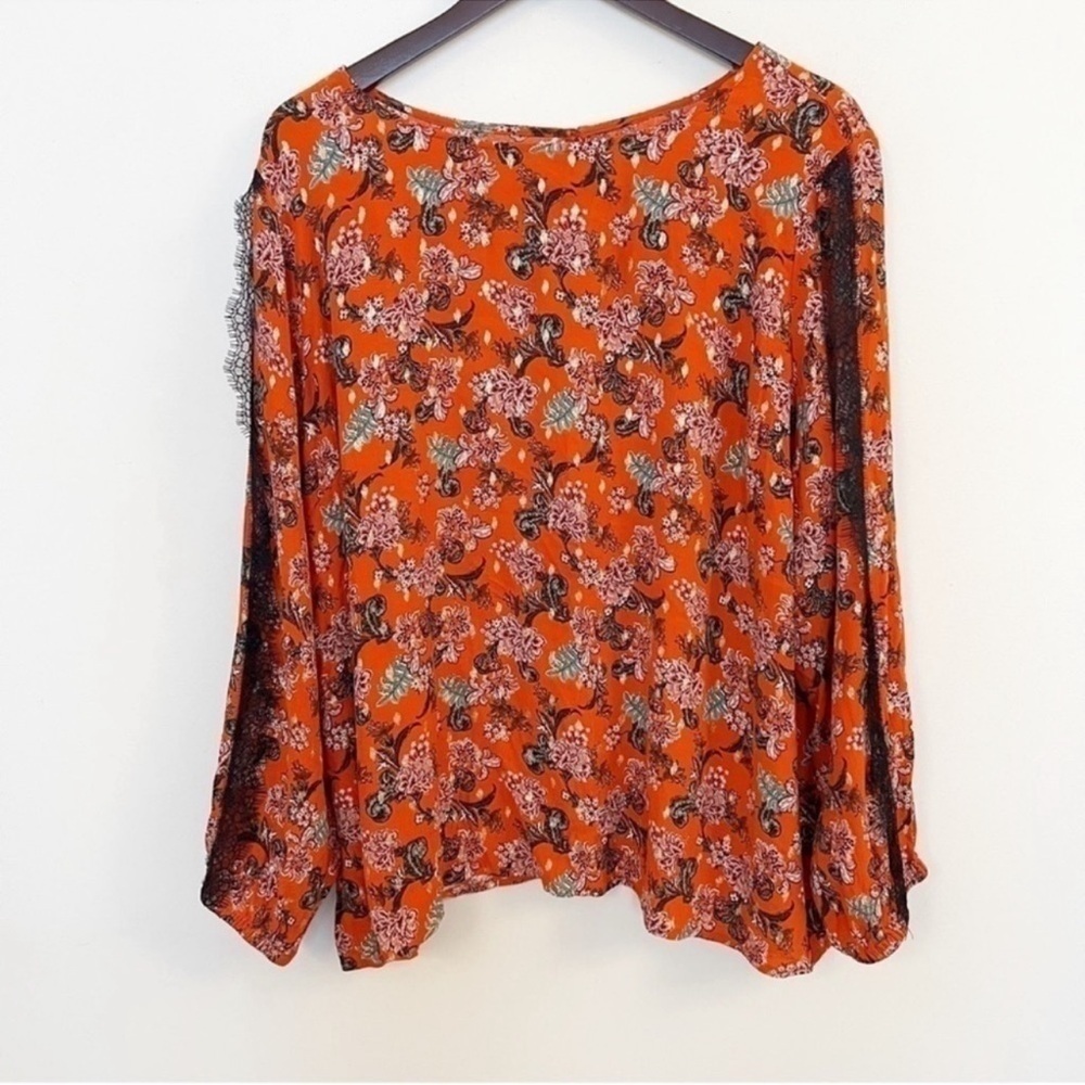 J Jason Wu Long Sleeve Foil Print Woven Blouse Lace Trim Size 2X Orange/Red